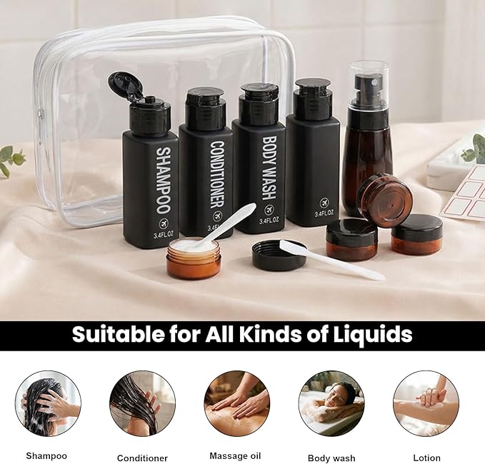 Travel Bottles for Toiletries 14PCS 3.4oz Pre-Printed Shampoo, Conditioner, Body Wash TSA Approved 2oz Travel Spray Bottle Leak Proof Plastic Cream Jars Refillable Lotion Containers(Black)