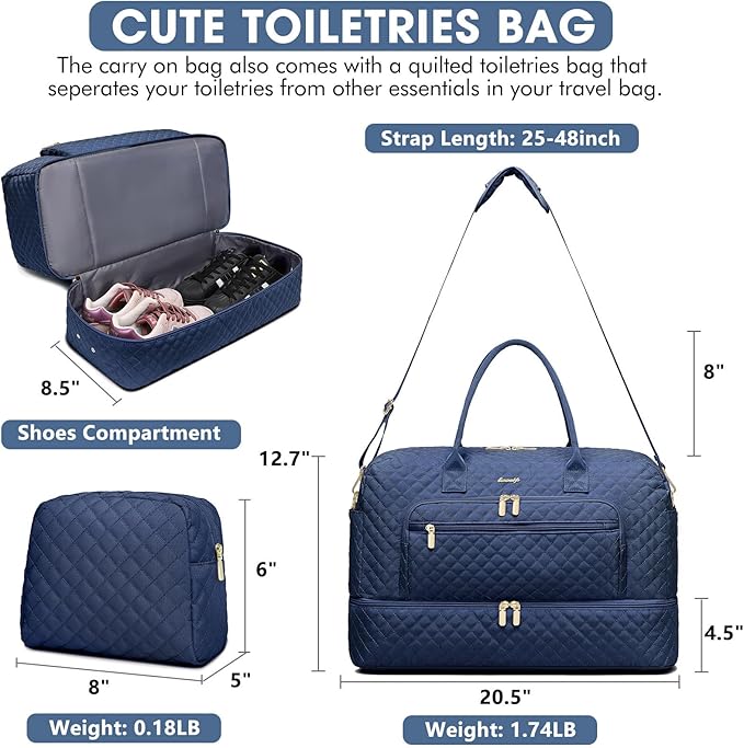 Large Women Travel Duffle Bag - Carry on Overnight Bag Weekend Travel Duffel Tote Bag Yoga Gym Bag with Wet Pocket Toiletry Weekender Overnight Bag for Travel Business Trips Sport Hospital Navy