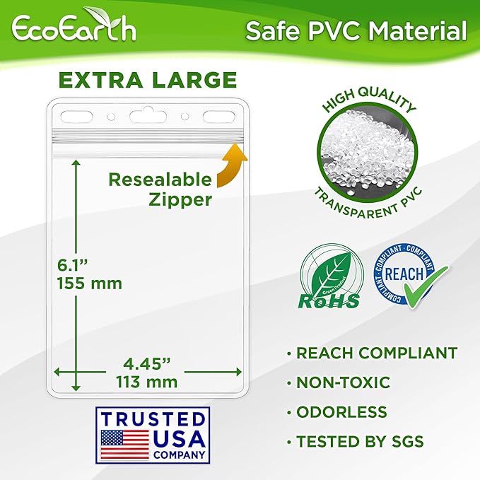 EcoEarth 4x6 Inch Passport & Card Holders with Soft Edge (Clear, 50 PK) - Extra Large (XXL) Vertical ID Holder - Resealable and Waterproof Identification Name Card Holder