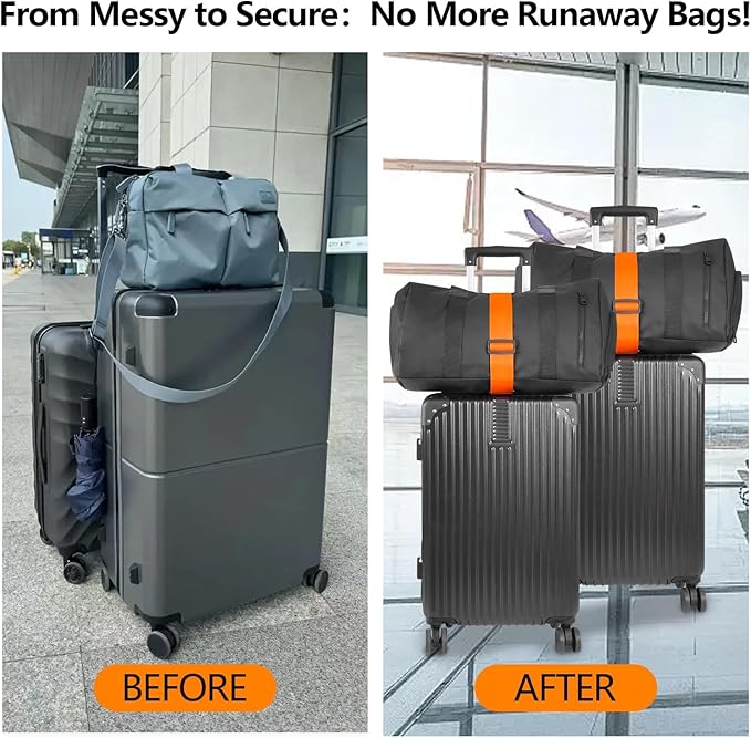 BILIONE Add a Bag Luggage Straps 2 Pack, Adjustable Bungee Elastic Belt to Connect Two Suitcases, Secure Carry On & Travel Essentials (Black)