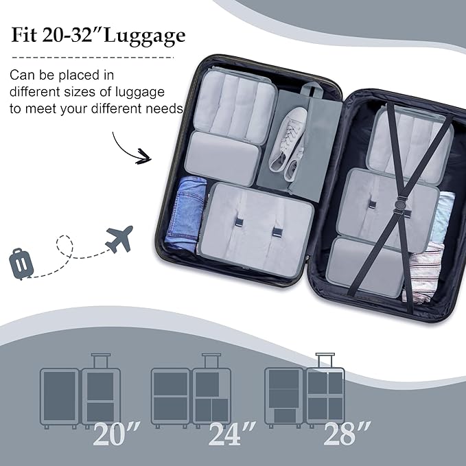 Packing Cubes 7 Pcs Travel Packing Cubes for Suitcases Large Capacity Travel Luggage Organizer Bags for Carry-on Luggage (Grey)
