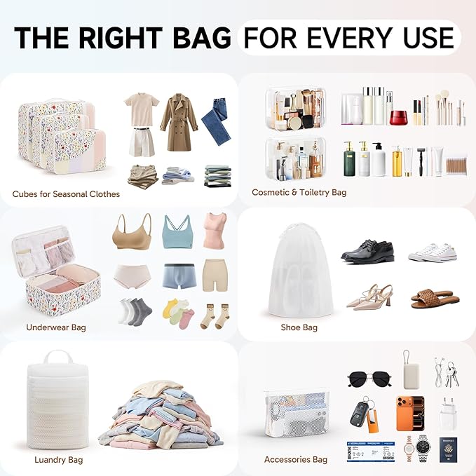 11 Set / 9 Set Packing Cubes for Travel,Gifts for Women Mom Kids,TSA Approved Bags for Makeup, Cosmetic, Toiletry, Organizers for Suitcase Carry On,Cruise Essentials Airplane Accessories,White Floral