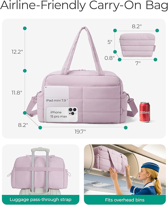 BAGSMART Gym Bag for Women, Lightweight Puffer Duffle Bag 2-PC Travel Bag, 31L Weekender Overnight Bag Quilted Carry On Tote Bag, Diaper Hospital Dance bag for Travel, Gym, Water Resistant
