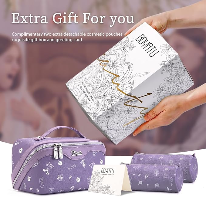 BOYATU Travel Makeup Bag Cosmetic Bags for Women: 3 Pcs Set Portable Make up Bag with Handle - PU Leather Toiletry Bags with Compartments - Makeup Organizer for Travel Essentials(L-3-Purple)