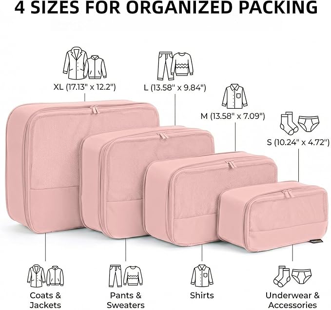 4 Piece Compression Packing Cubes for 3–7 Day Travel, Lightweight Travel Organizers with Breathable Mesh, Double-Zipper Packing Cubes for Carry-On & Suitcases (Dusty Pink)