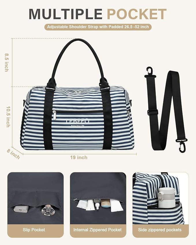 Travel Duffle Bag for Women Large Weekender Overnight Bags Gym Bag with Shoe Compartment Waterproof Hospital Bag Carry On Tote Bag for Airplanes,Blue Stripe