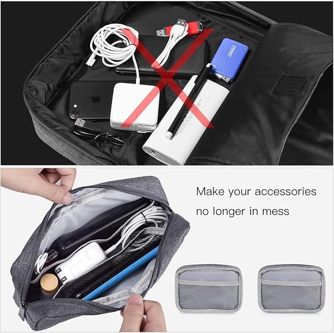 Universal Electronics Accessories Carrying Case, 2PCS Big + Small Portable Storage Pouch, Cosmetic Bag, Cable Organizer Compatible Hard Drive, Mouse, Power Bank, Adapter, Cellphone, Space Gray