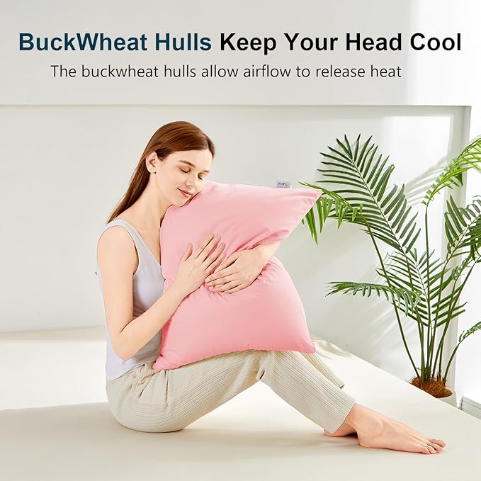 Organic Buckwheat Pillow for Sleeping with Dual-Layer Pillowcase and Extra Tartary Buckwheat Hulls, Adjust Height and Firmness, Neck Support Pillow for Back and Side Sleepers 14"x20", Pink