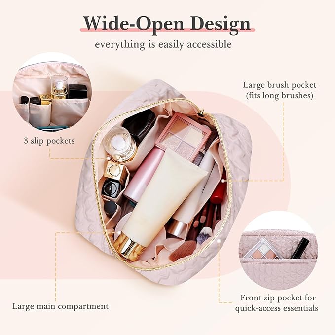 Noozion Makeup Bag Travel Toiletry Bag, Puffy Padded Cosmetic Bag for Women, Makeup Organizer Case, Wide-open Pouch Purse, Travel Essentials