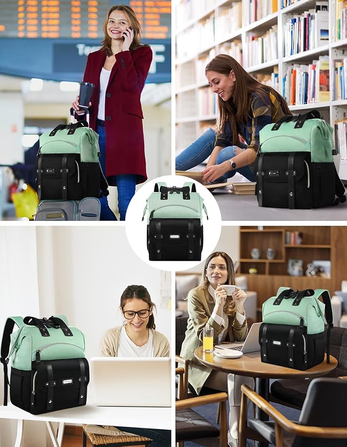 FALANKO Laptop Backpack for Women,College Work Teacher backpack for 15.6 Inch laptop,Travel Anti Theft Laptops Backpack RFID, Shoulder Purse Bags Green Black