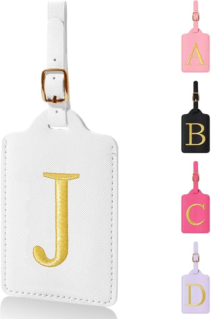 Personalized Initial Luggage Tags for Suitcases,Leather Letter Cute Luggage Tags with Privacy Name Card,Embroidered Monogrammed Travel Bag Backpack Tag Gifts for Women Kids Girls Teens(White-J)