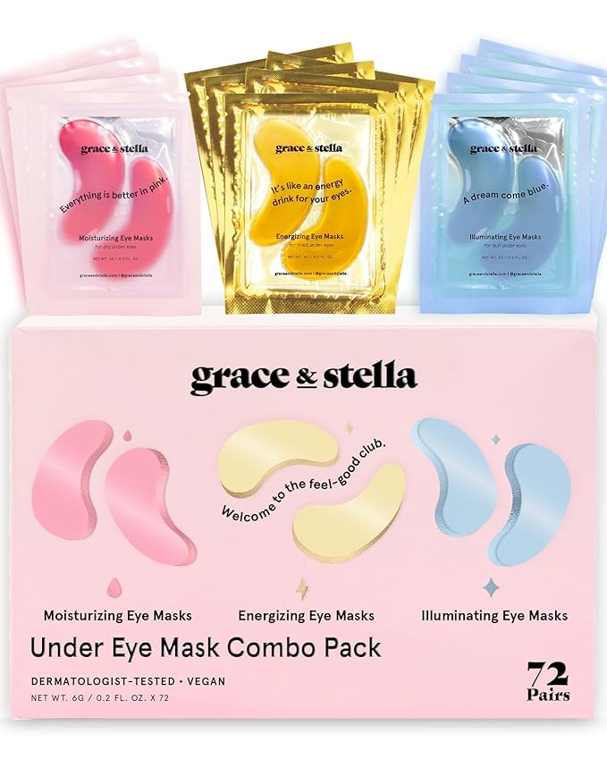 grace & stella Under Eye Mask - Reduce Dark Circles, Puffy Eyes, Undereye Bags, Wrinkles - Gel Under Eye Patches, Bulk Gifts for Women - Vegan Cruelty-Free Self Care (72 Pairs, Gold, Pink, & Blue)