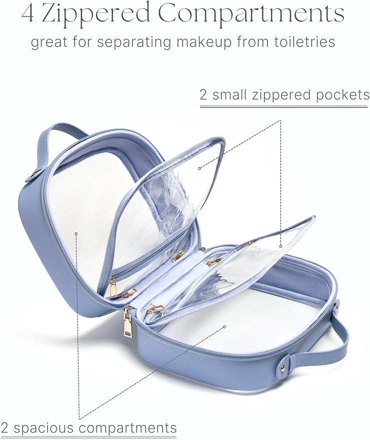 Clear Cosmetic Bag Double Layer Travel Toiletry Bag Clear Makeup Bag Case with 4 Compartments, Transparent Travel Bag for Toiletries, Large Toiletry Bag for Women Cosmetic Case (Blue, Large)