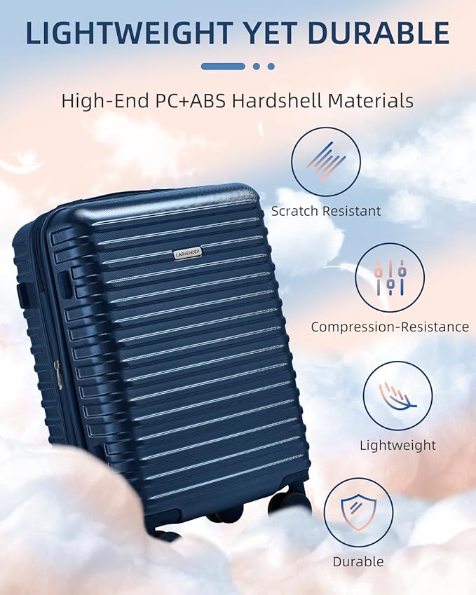 LARVENDER Carry on Luggage 22x14x9 Airline Approved, 20 Inch Expandable Hardside Suitcase with Wheels TSA Lock, PC+ABS Lightweight Carry on Suitcases for Women and Men, Dark Blue