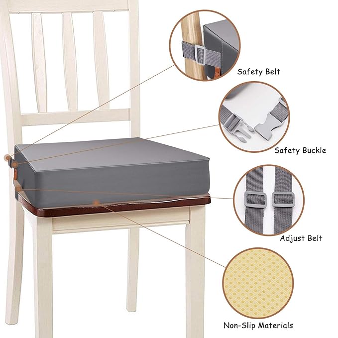 Toddler Booster Seat for Dining Table, PU Washable Double Safe Straps Non-Slip Bottom Booster Seat Dining Toddler, Portable Travel Increasing Cushion (Grey)