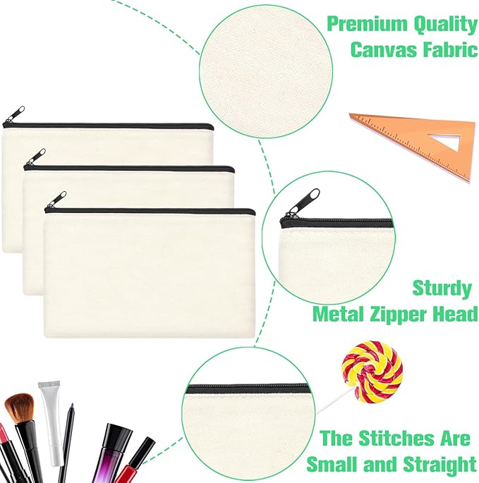 ZeeDix Canvas Pouch- Multi-purpose Cosmetic Bag with Zipper, DIY Craft Canvas Zipper Pouch Blank Makeup Bags Bulk Travel Toiletry Bag for Storage (8.3 x 5 inches)