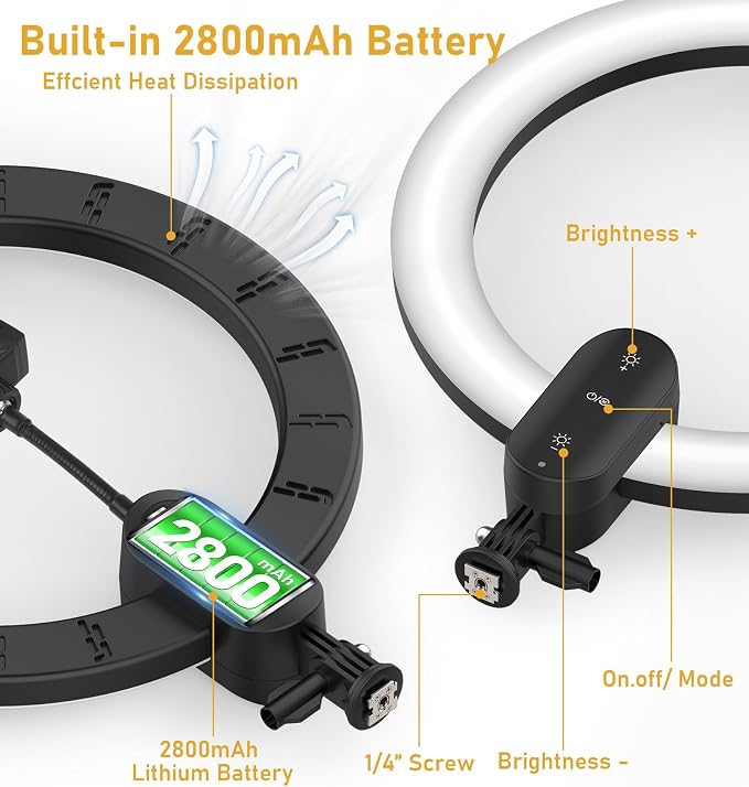 12 inch LED Circle Selfie Ring Light with 63" Tripod Stand 2800mAh