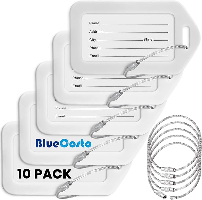 BlueCosto - Luggage Tags - White, 10 Pack - Suitcase Tags with Name ID Card & Heavy-Duty Metal Wire Loops - Bright Colored PVC Identifiers for Travel Baggage - Backpack Name Labels
