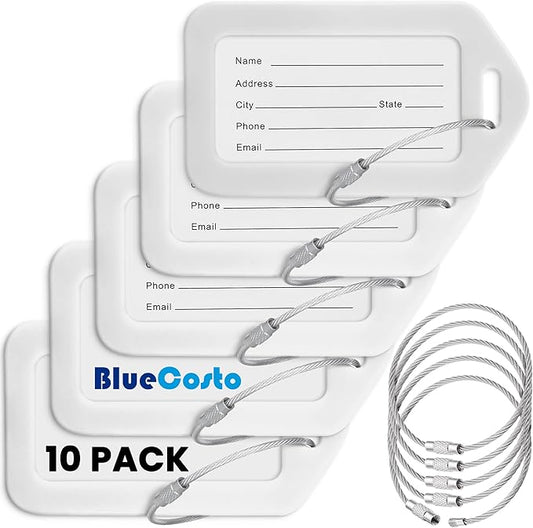 BlueCosto - Luggage Tags - White, 10 Pack - Suitcase Tags with Name ID Card & Heavy-Duty Metal Wire Loops - Bright Colored PVC Identifiers for Travel Baggage - Backpack Name Labels
