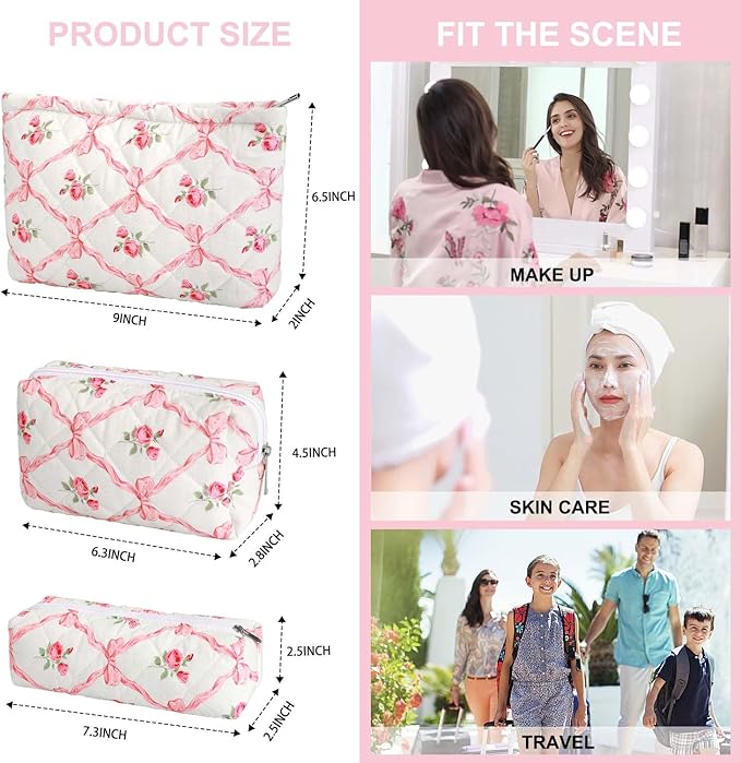 EIMMBD Makeup Bags 3 Pieces Large Capacity Floral Cosmetic Bag Travel Toiletry Bag Organizer Cute Makeup Bag Pouch Storage Bag for Women(Pink Floral)