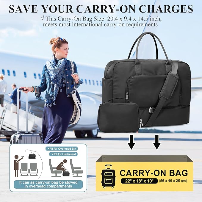 Weekender Bags for Women, Travel Duffel Overnight Carry On Weekend Bag with Shoes Compartment & Toiletry Bag,Black