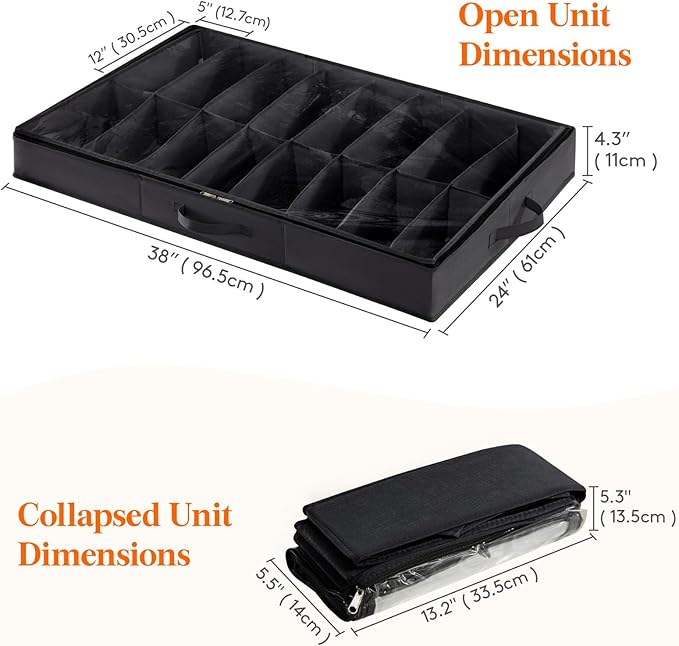 Lifewit Under Bed Shoe Storage Organizer 4 Pack(16 Pairs), 4.3" Tall Fabric Shoes Container Box, Foldable Closet Shoe Bag with 2 Reinforced Handles and Clear Cover, Black