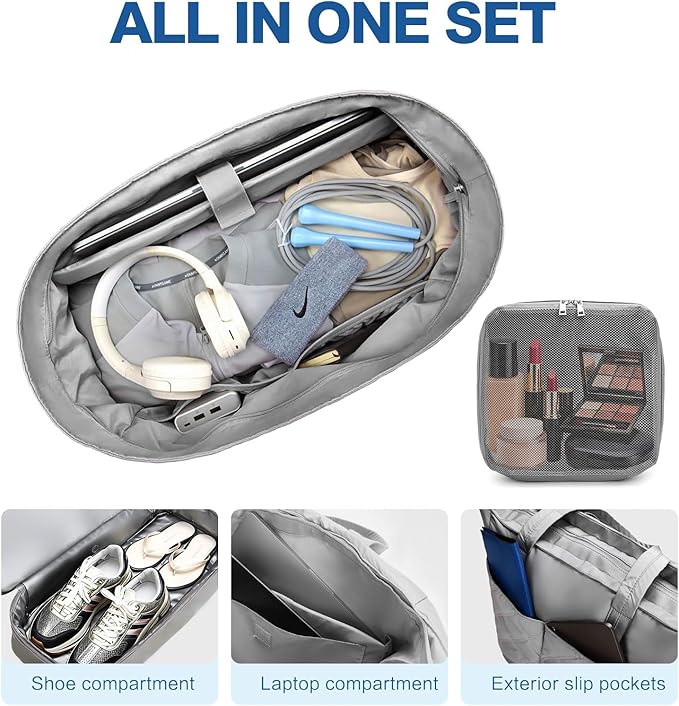 Weekender Bag for Women Men, Large Overnight Bag Faux Leather Travel Duffel Bag with Shoe Compartment Toiletry Packing Cube Carry On Bag Fit 21" Laptop 3Pcs Set (2PCS Grey)