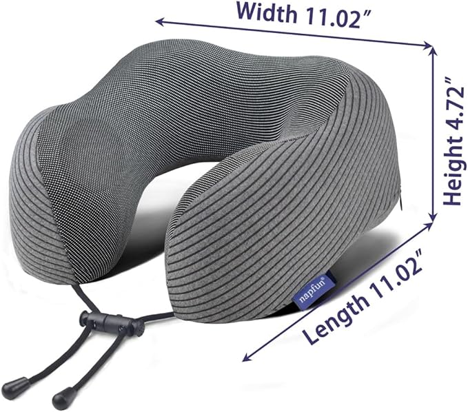 napfun Neck Pillow for Travel with Travel Pouch, Sleep Mask & Earplugs, Memory Foam Airplane Pillow for Headrest Sleep with Eyeshades, Plane Essentials with Eye Blindfold, Dark Gray Striped Kit