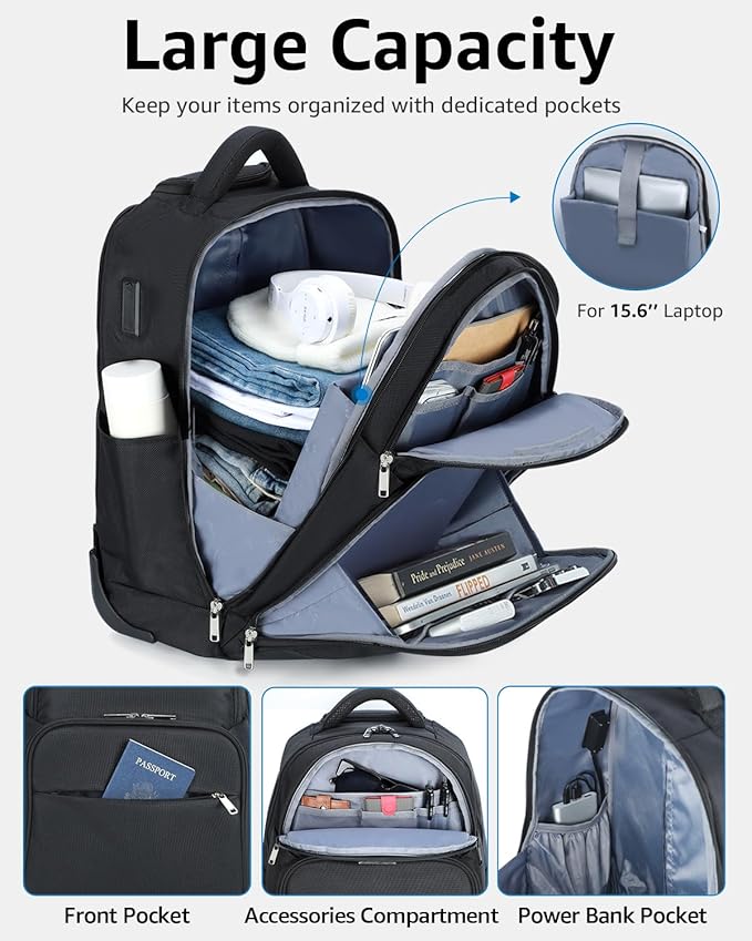 Ponhog Rolling Backpack, 30L Travel Laptop Backpack with Wheels, 15.6 Inch Roller Carry on Luggage with USB Charging Port, Flight Approved Personal Item Wheeled Suitcase for Men Women Adults, Black