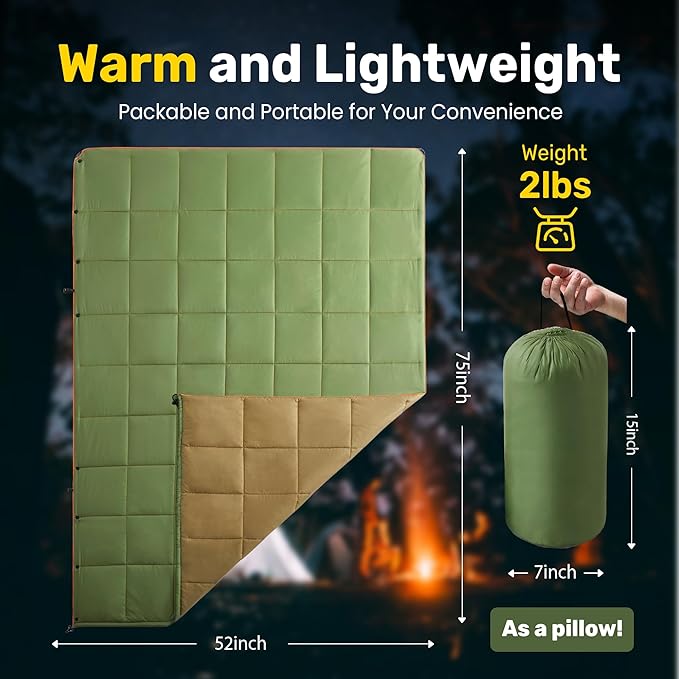 UNIKOME Waterproof Puffy Camping Blanket - Lightweight Packable Outdoor Quilt with Snaps & Corner Loops, Warm Compact Blanket for Cold Weather Hiking Picnic Stadium Travel, 75"×52", Army Green&Brown