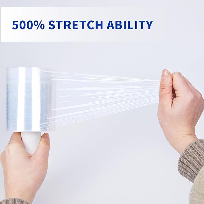 TAPEBEAR 12Rolls Stretch Wrap Film 4" x 1000Ft Shrink Wrap Roll with Handle, 60 Gauge Thick Durable Self-Adhering Clear Plastic Wrap Industrial Strength Pallet Shrink for Moving, Packing