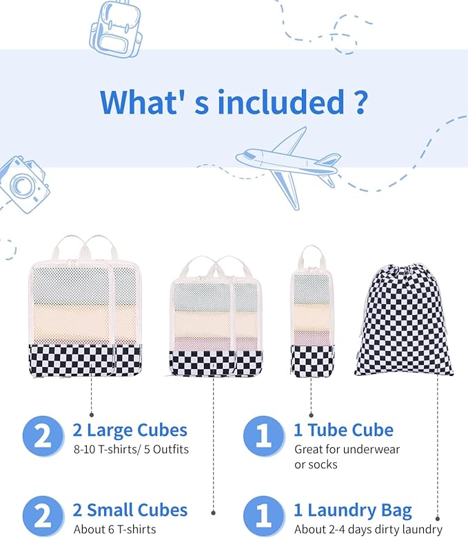 Narwey 6 Set/5 Set Compression Packing Cubes for Travel Kids Women Carry on, Packing Organizers Bag for Backpack Luggage Suitcase Duffle Bags