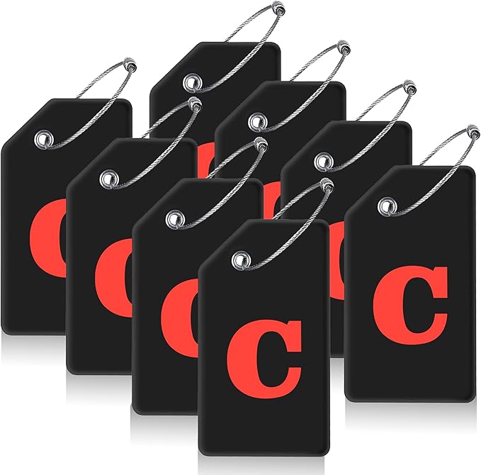 Gostwo 8 Pack Luggage Tags for Suitcases, 26 Initial Letter Travel Luggage Baggage Identification Labels ID Tags Fully Bendable Tags with Stainless Steel Loop (Letter C, Black)