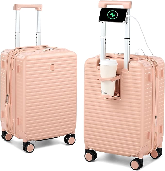 HanTrip Hard Shell Suitcases 20 Inch Carry on Luggage Airline Approved, Expandable Travel Luggage with Cup Holder Charger Built in Lightweight Small Suitcase with Wheels, Pink