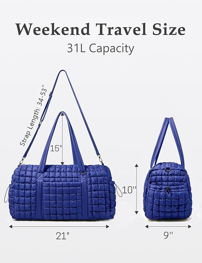 Quilted Travel Duffle Bag for Women Medium Weekender Bag Puffer Overnight Bag Large Soft Puffy Duffel Bag Carry-On Gym Bag Lightweight Personal Item Travel Bag for Trips Business Sport Airplane