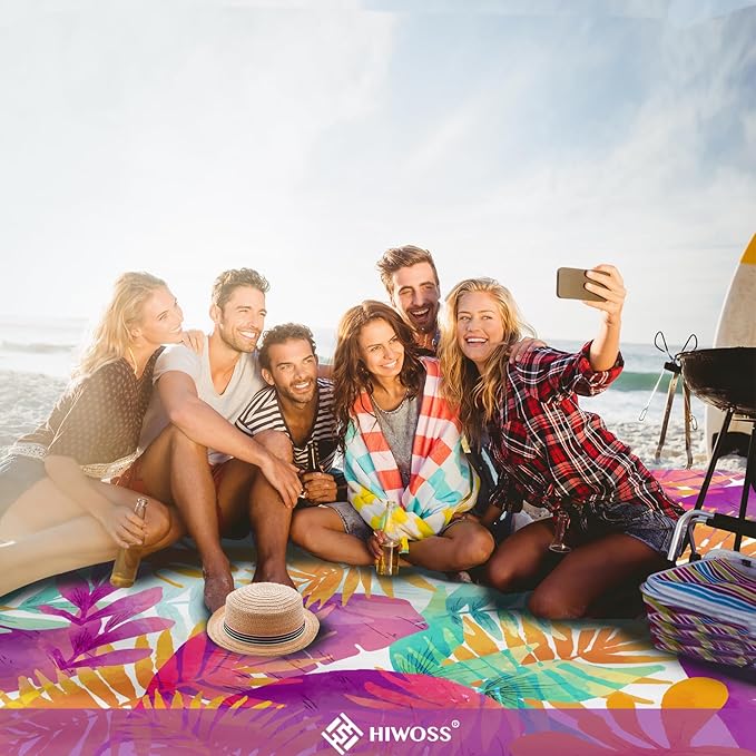 Beach Blanket Waterproof Sandproof Oversized 95”x 80”,Sand Free Beach Mat with Corner Pockets,Portable Mesh Bag for Beach Festival,Picnic,Travel and Outdoor Camping (Tropicalleaf)