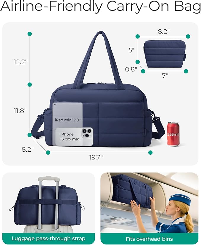 BAGSMART Gym Bag for Women, Lightweight Puffer Duffle Bag 2-PC Travel Bag, 31L Weekender Overnight Bag Quilted Carry On Tote Bag, Diaper Hospital Dance bag for Travel, Gym, Water Resistant, Navy Blue