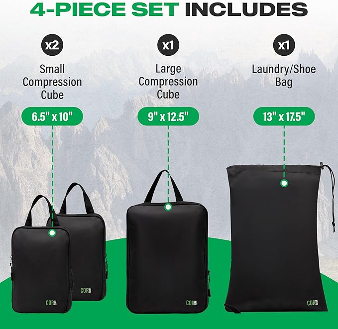 Compression Packing Cubes Travel Organizers plus Laundry or Shoe Bag with YKK Zippers (Black, 4 Piece)