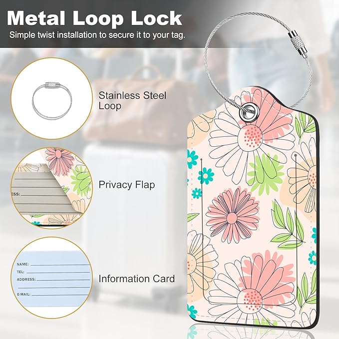 2Pack Luggage Tags for Suitcases, Cute Unique Pu Leather Cruise Luggage Tag with Privacy Cover ID Label Address Card and Metal Ring Suitable for Women Men Kids Travel Bag Pink Line Flower