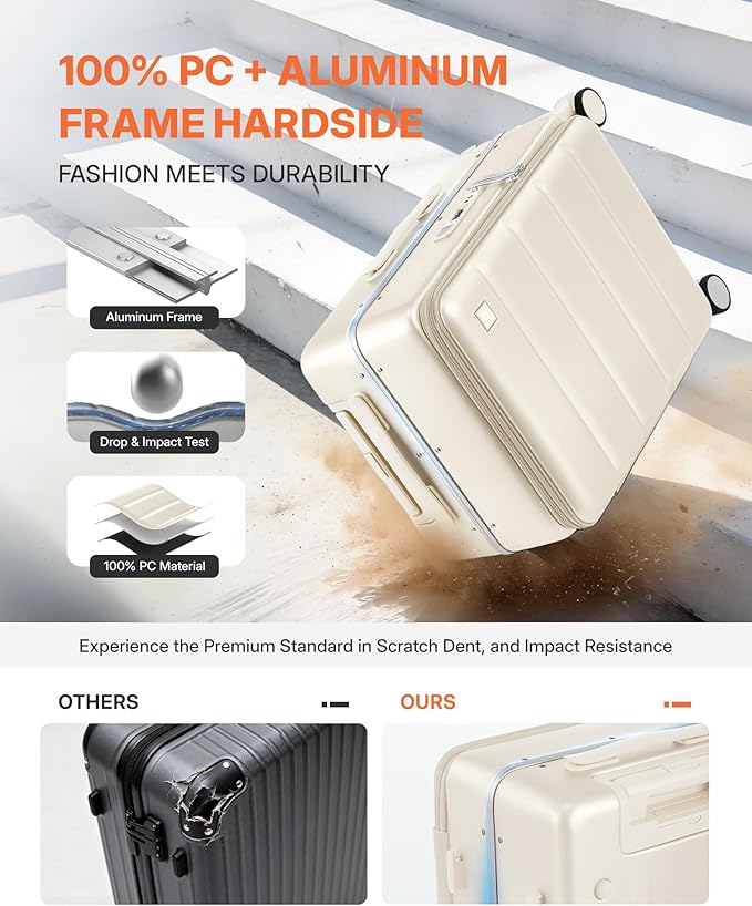 20IN Carry On Luggage,Top Opening Aluminum Frame Hardside 100% PC Airline Approved Suitcase -with TSA Lock,Cup Holder,USB Charge,Side Pothook, 360°Spinner Wheels-Milky White