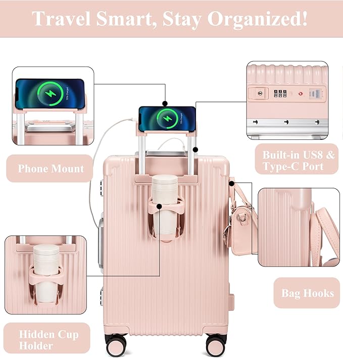 feilario 20in Aluminium Frame Zipperless PC Hard Shell Spinner Wheels Luggage, Built-In TSA lock Carry on Suitcase, with Cup Holder, USB Port, Phone Holder