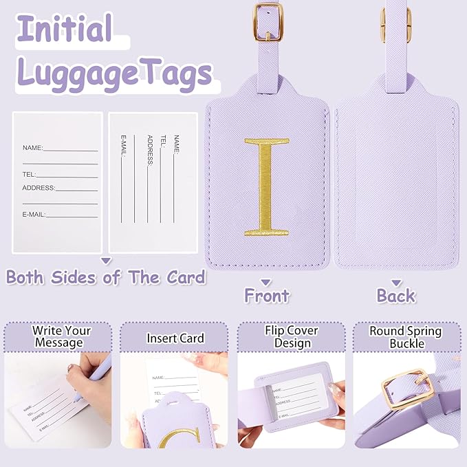 Initial Letter Luggage Tags for Suitcases, Embroidered Monogrammed Suitcase Luggage Identifier Name Tag, PU Leather TSA Approved Luggage Tags, Bag Tags for Men Women Kids Luggage Handbags(Purple I)