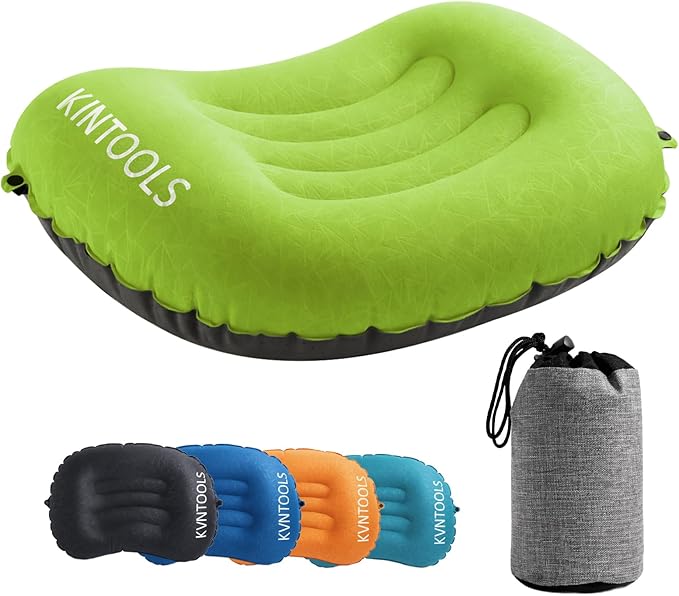 Camping Pillow-Compressible, Ultralight Inflatable,Compact, Comfortable, Ergonomic Inflating Pillows for Neck & Lumbar Support While Camp, Hiking(Green,with Anti Slip Straps)