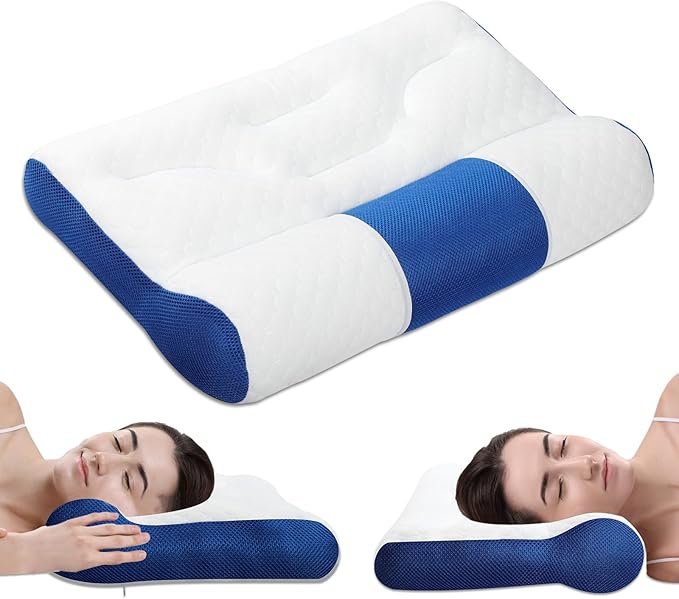 Ergonomic Pillow,Neck Pillow Cervical Pillow for Neck Strain Relief, Neck Pillow for Sleeping,Cervical Contour Neck Support Pillows for Side Back Stomach Sleeper (White and Blue)