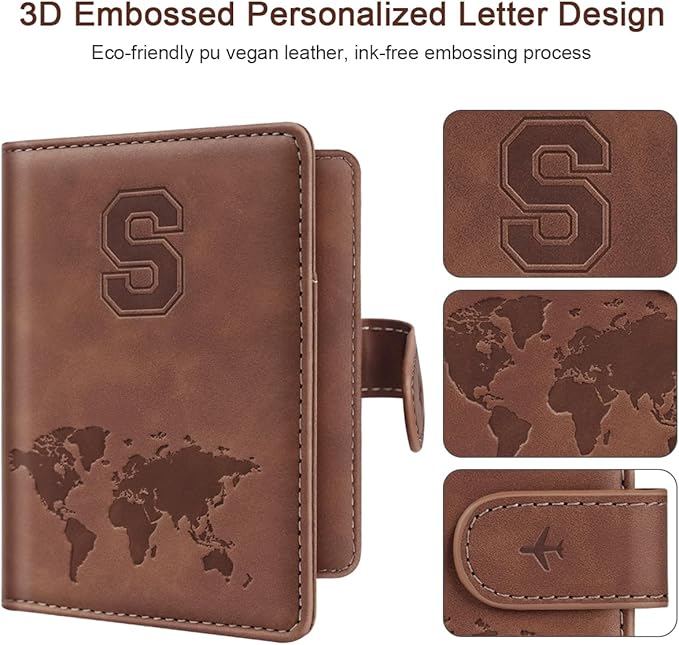 Passport Holder Wallet Cover Personalized Letter A-Z Travel Wallet RFID Blocking Passport Cover Wallet Case for Travel Passport Book Holders for Women and Men, Brown-S