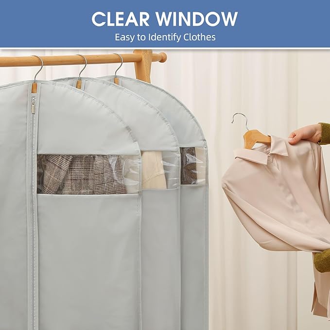 43" Garment Bags for Hanging Clothes, Suit Bags for Closet Storage and Travel, Grey Suit Cover Bags with Clear Window for Coats, Jackets, Shirts (2 Packs)