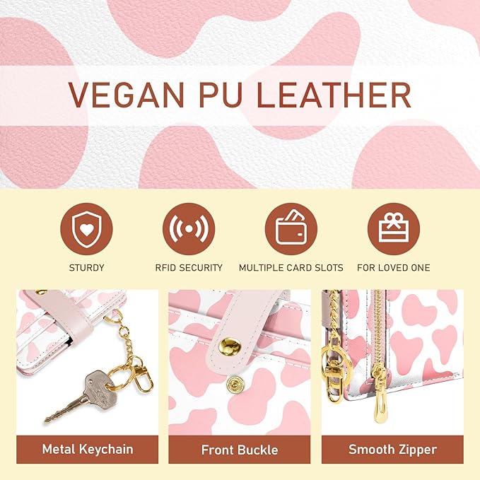 Jogjam Pink Cow Print Rfid Women Wallet, Small Slim Thin Credit Card Wallet, PU Leather Bifold Cash Zipper Coin Pocket ID Window for Female Ladies Teen Girls Girly