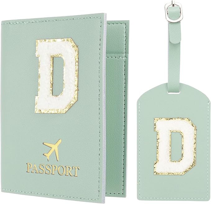 PATIKIL Passport Holder for Travel, Initial Passport Cover and Luggage Tag Set with Alphabet Chenille Letter Patch Travel Wallet Bag Suitcase Identifier for Women Family Travel Green D