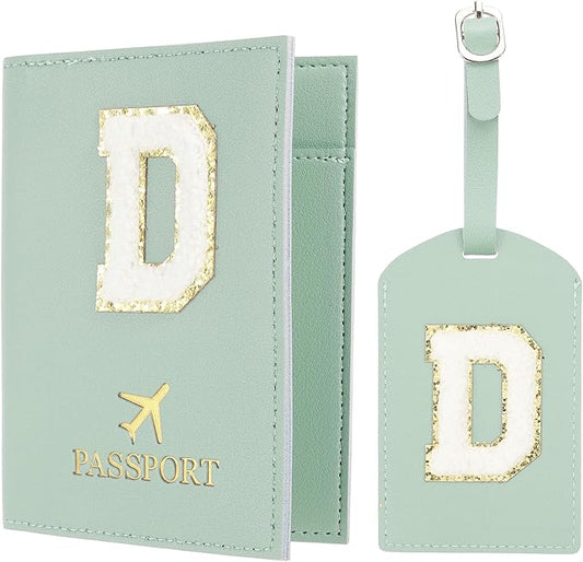 PATIKIL Passport Holder for Travel, Initial Passport Cover and Luggage Tag Set with Alphabet Chenille Letter Patch Travel Wallet Bag Suitcase Identifier for Women Family Travel Green D