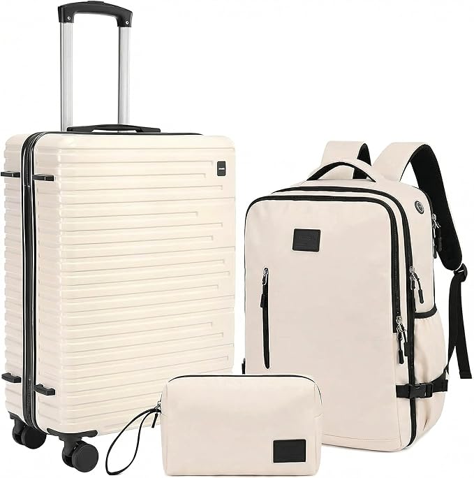 Hoteel Luggage Sets 3 Piece, 4-Year Warranty, Carry-On Luggage with Dual-Spinner Wheels, PC+ABS Hardside Suitcase Set with TSA Lock, Durable Carry On Suitcase, Beige(20IN/DB/TB)